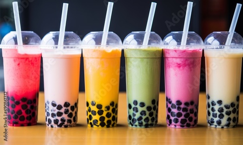 Flavoured Bubble Boba tea, smoothie with tapioca pearls, in plastic cups with straws. Generative AI photo