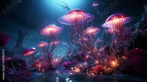 A mesmerizing gathering of ethereal coelenterates, floating gracefully in the tranquil depths of the ocean's reef, their gelatinous forms pulsing with life and color