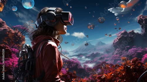 A wild and fluid anime-inspired woman donning goggles and headphones, stands on a reef, her clothing billowing in the wind, as she gazes up at the endless sky