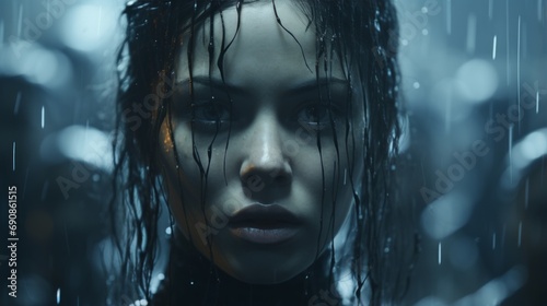 A chilling image captures the haunting portrait of a woman with wet hair, her dark presence evoking feelings of horror and unease photo