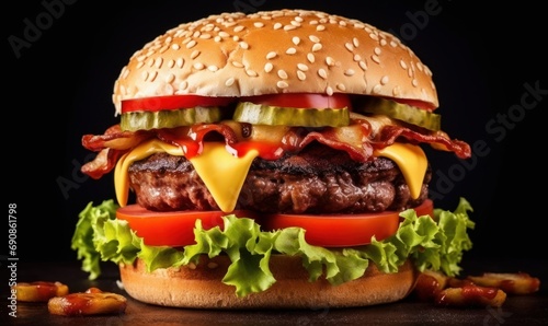Burger with layers of grilled meat, pickle, tomatoes, melted cheese, fresh lettuce, sesame, mustard and ketchup. Fast food, On-the-go, Value meals concept. Generative AI