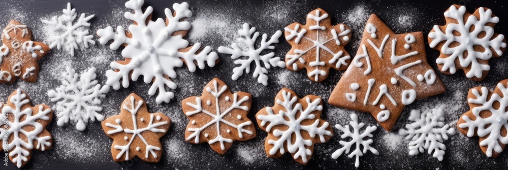Christmas gingerbread cookies in shape of snowflakes and stars, with white icing sugar. Background banner, frame.  Generative AI