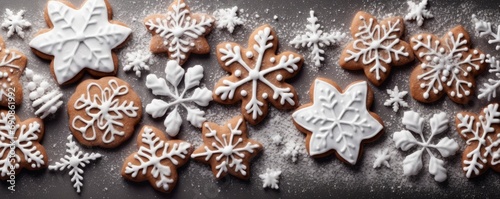 Christmas gingerbread cookies in shape of snowflakes and stars, with white icing sugar. Background banner, frame. Generative AI