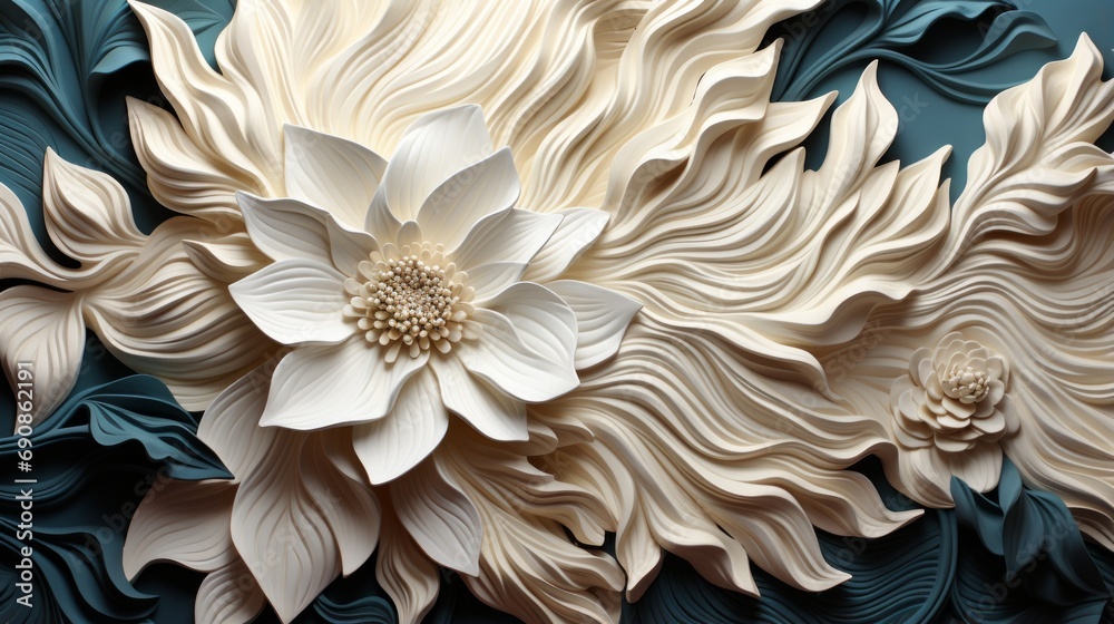 A delicate white blossom dances in a sea of swirling blues and whites, evoking a sense of ethereal beauty and whimsy