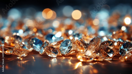 Sparkling gems glisten in a dazzling display of luxurious opulence, radiating a mesmerizing aura of elegance and wealth upon the polished surface