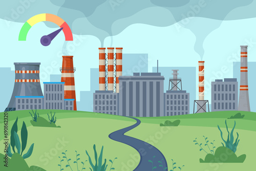 Smoking factory pipes vector illustration. Impact of pollution on nature. Smog in air. Exceeding air pollution level concept