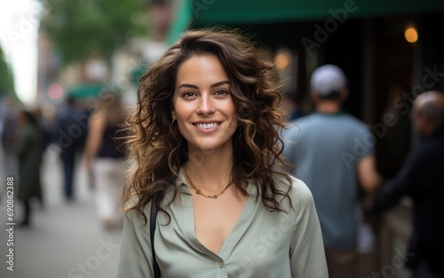 a beauty woman's smiling as she walks down the street in summer