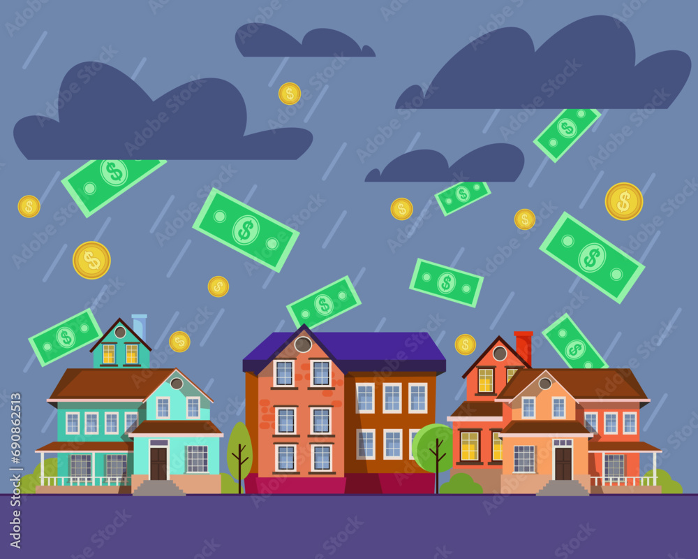 Money rain over expensive houses vector illustration. Tension in rental market. Housing crisis, real estate problem concept