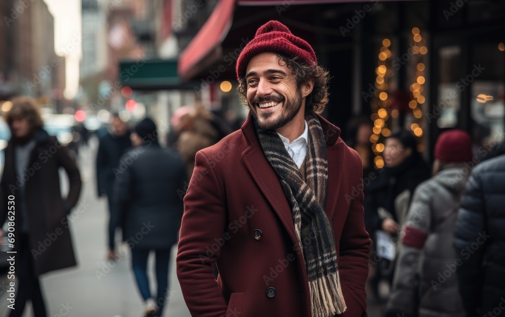 a handsome vogue man's smiling as he walks down the street in Christmas a handsome vogue man's smiling as he walks down the street in Christmas