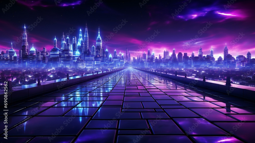 A night cityscape with neon lights, illustrating a futuristic urban environment. featuring skyscrapers, bridges, and roads, creating a dynamic and tech-savvy atmosphere