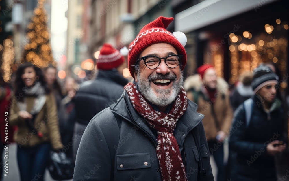 Fototapeta premium a man's smiling as he walks down the street in Christmas snowing day