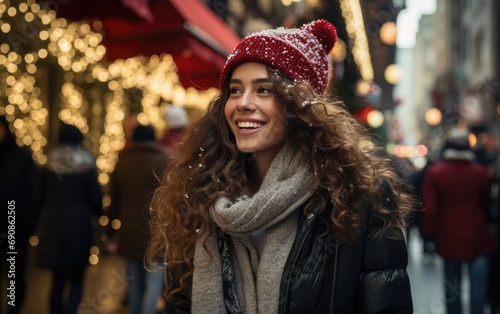 a woman's smiling as she walks down the street in Christmas holiday,