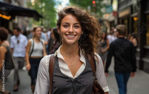 a business woman's smiling as she walks down the street in summer