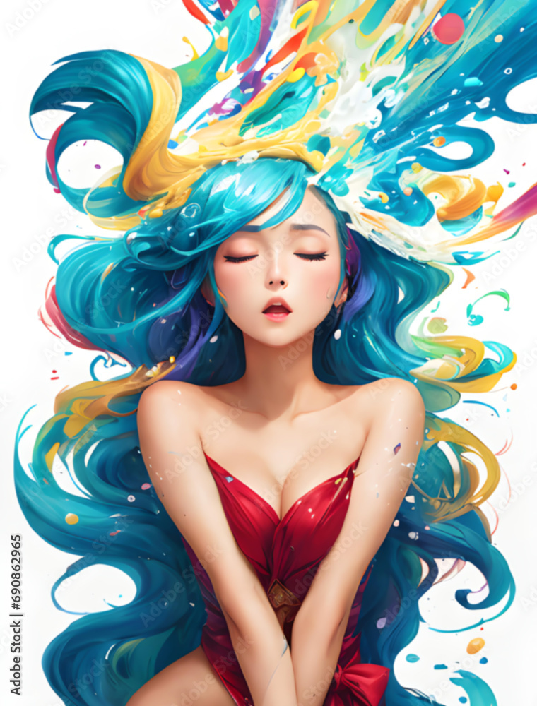 beautiful singer illustration with colorful hair splash ai generated