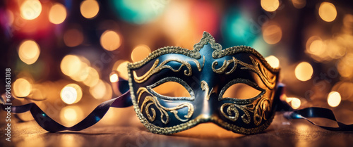 Masquerade mask with a colorful bokeh background.