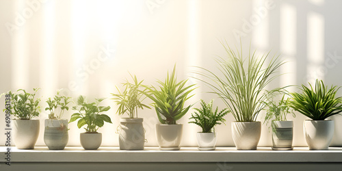 There are many different types of plants in pots on a shelf  beautiful flowerpot  indoor plant  decorative soo beautiful with wight background  © Jiya