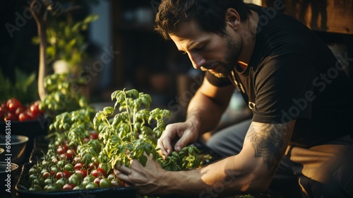 Person harvesting fresh vegetables in a garden, emphasizing the concept of organic and healthy living