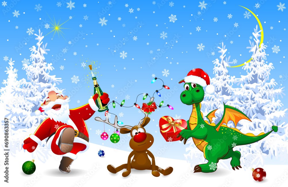 Santa, deer, and green dragon celebrate Christmas. Santa, deer, and dragon celebrate Christmas in the winter forest. Winter snowy night on Christmas Eve