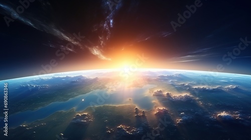 Beautiful sunrise over earth as seen from orbit space view. Created with Generative AI photo