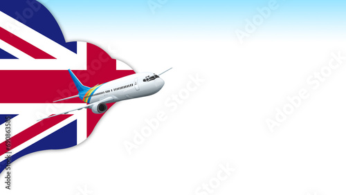 3d illustration plane with United Kingdom flag background for business and travel design
