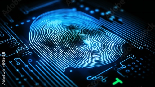 Fingerprint scan on a digital display, representing identity and security in technology
