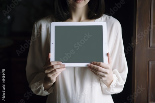 Photo of a close-up of a girl's hands using a tablet with a blank screen. Generative AI