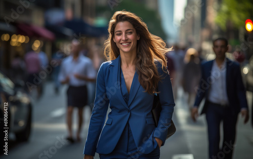 a business woman's smiling as she walks down the street on her way to work in summer