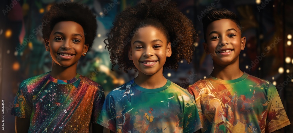 young smiling African American ladies and boys standing next to each other in their fashion t-shirts