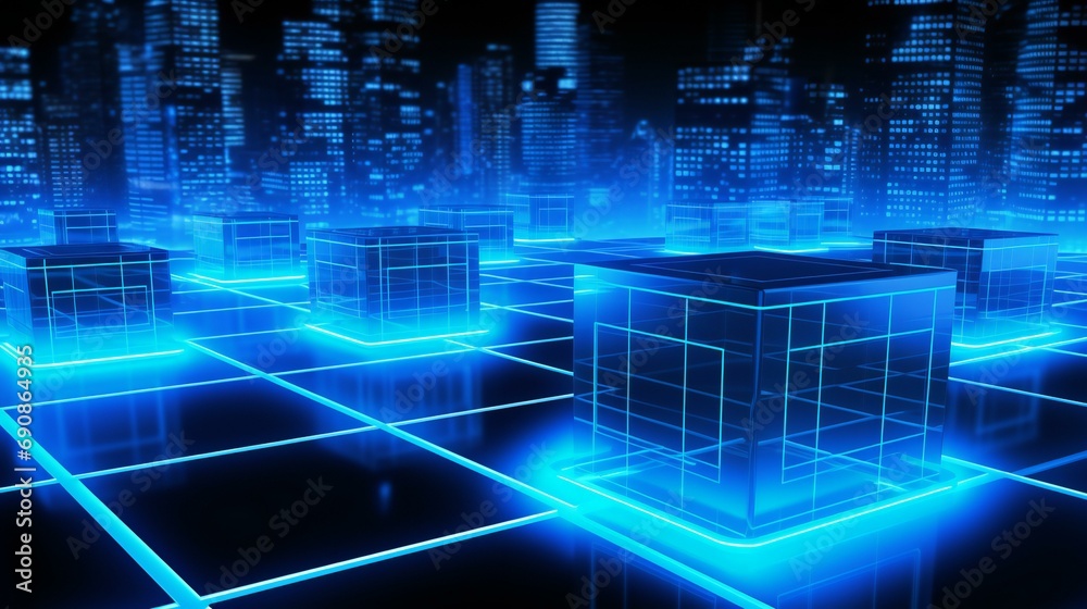 Futuristic cityscape with a blue background, representing a technological and modern urban environment Futuristic cityscape with a blue background, representing a technological and modern urban environment