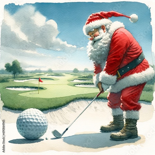 Watercolor Santa Claus playing golf on a green field, outside in winter. Santa Claus practicing his golf swing photo