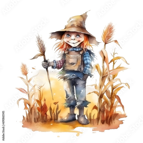 Cute cartoon watercolor halloween scarecrow on a transparent background photo