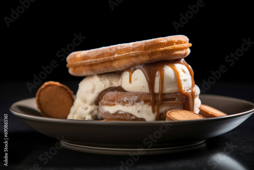 Classic Spanish churro ice cream sandwiches are served on a black background. (Generative AI)