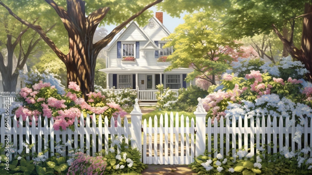 a charming image of a white picket fence wrapped in lush ivy and spring flowers, a symbol of country living in the heart of spring.