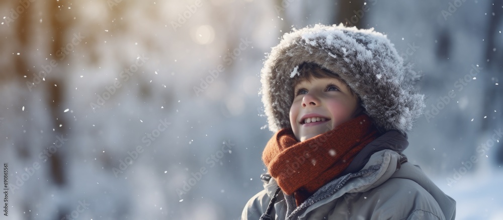 Fototapeta premium Child enjoying outdoor winter activities in snowy forest. Fun for families with kids in nature.