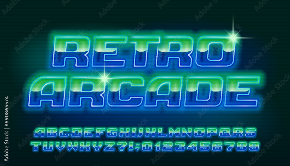Retro Arcade alphabet typeface. 80s style glowing neon letters and numbers. Stock vector typescript for your design.