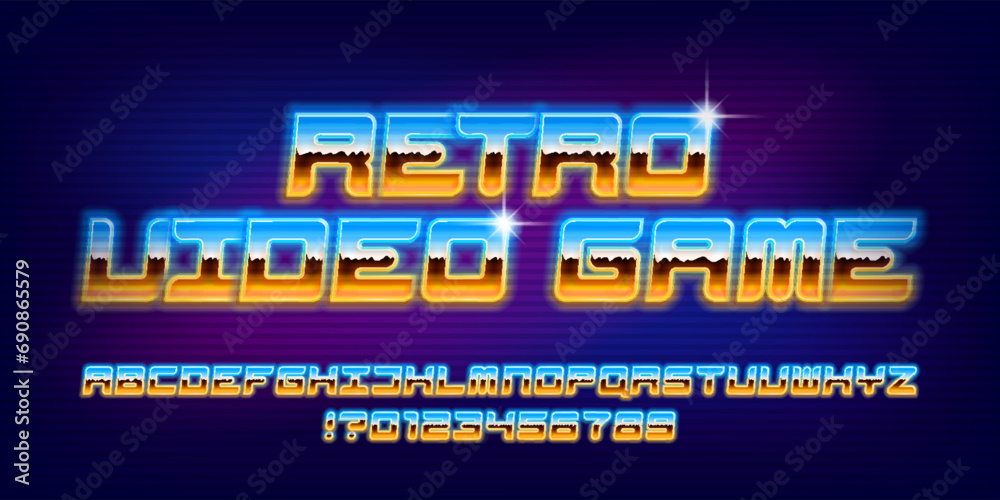 Retro Video Game alphabet typeface. 80s style bright neon letters and ...