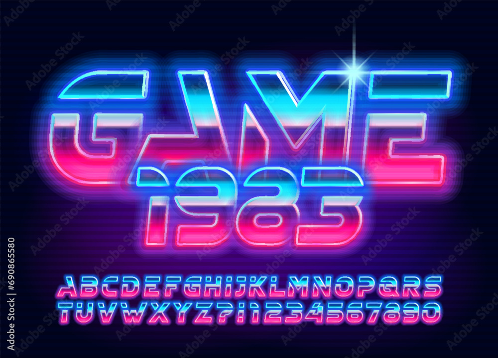 Game 1983 alphabet typeface. 80s style glowing neon letters and numbers. Stock vector typescript for your design.
