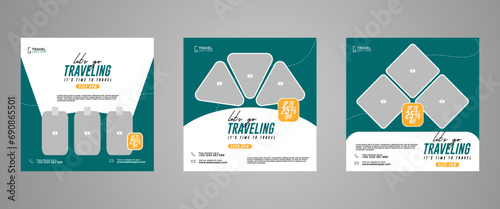 Holiday travel, traveling or summer beach travelling social media post or web banner template design. Tourism business marketing flyer or poster with abstract digital background, logo and icon.