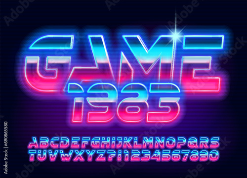 Game 1983 alphabet typeface. 80s style glowing neon letters and numbers. Stock vector typescript for your design.