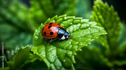 a close-up of a ladybug crawling on fresh green leaves, highlighting the tiny wonders of the natural world in spring. © balqees