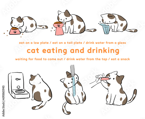 飲食するぶち猫のイラストセット