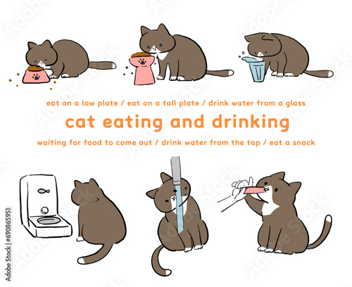 飲食するハチワレ猫のイラストセット