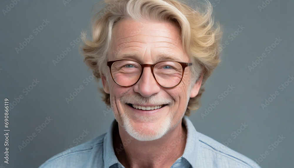 portrait of happy senior man with smile wearing glasses isolated on gray background