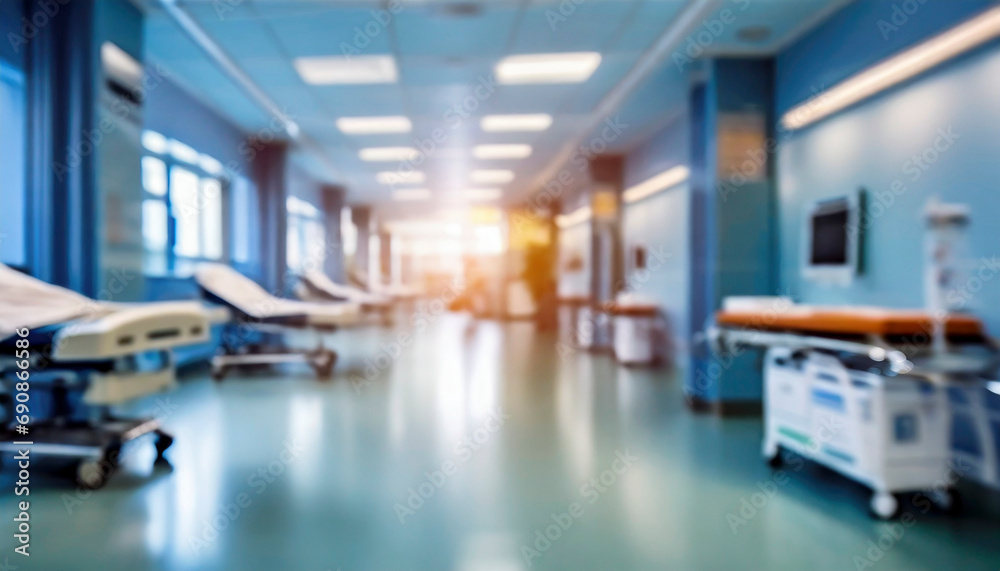 Empty hospital corridor with medical equipment. Blurred background, selective focus