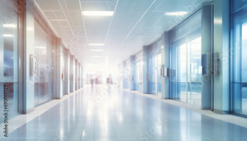 Empty hospital corridor with medical equipment. Blurred background  selective focus