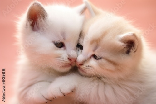  A pair of adorable kittens cuddled together, one playfully batting at the other's tail, set against a soft pink backdrop.