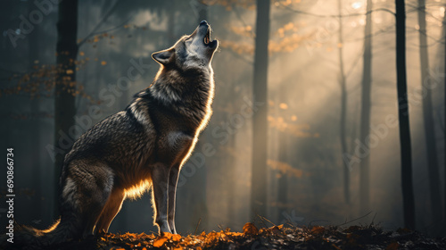 Lone gray wolf calling out into the forest with a piercing howl