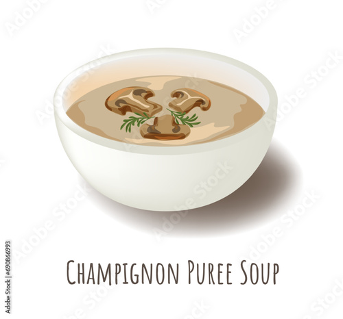 Champignon creamy puree soup, meal at restaurant