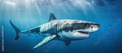 Pacific Ocean near Guadalupe Island, Mexico hosts a Carcharodon carcharias, commonly known as a great white shark. © 2rogan