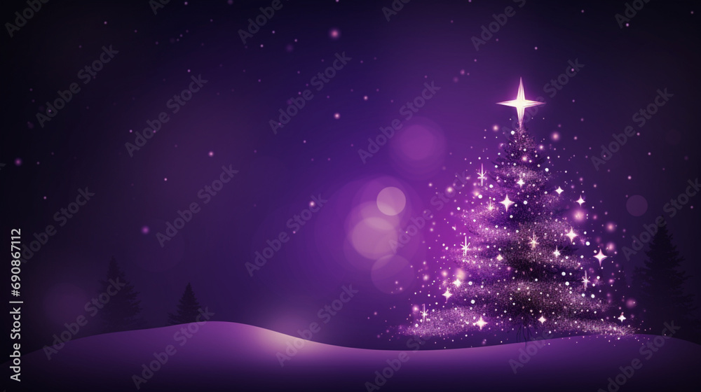 木と星とコピー スペースを持つ抽象的な紫色のクリスマス カードGenerativeAI